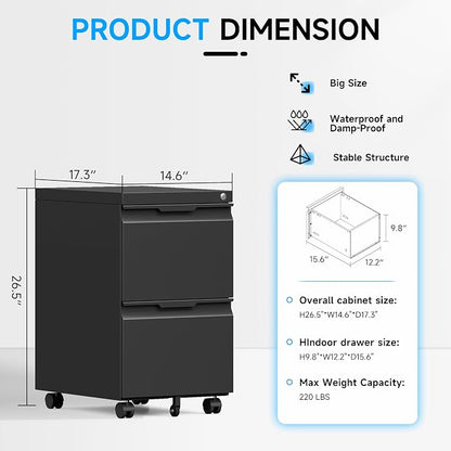 Bestoo Mobile File Cabinet with Lock, 2 Drawer Filing Cabinet, Under Desk Metal Rolling Filing Cabinets for Home Office, Fits Letter/Legal/A4 Size File, Easy Assembly