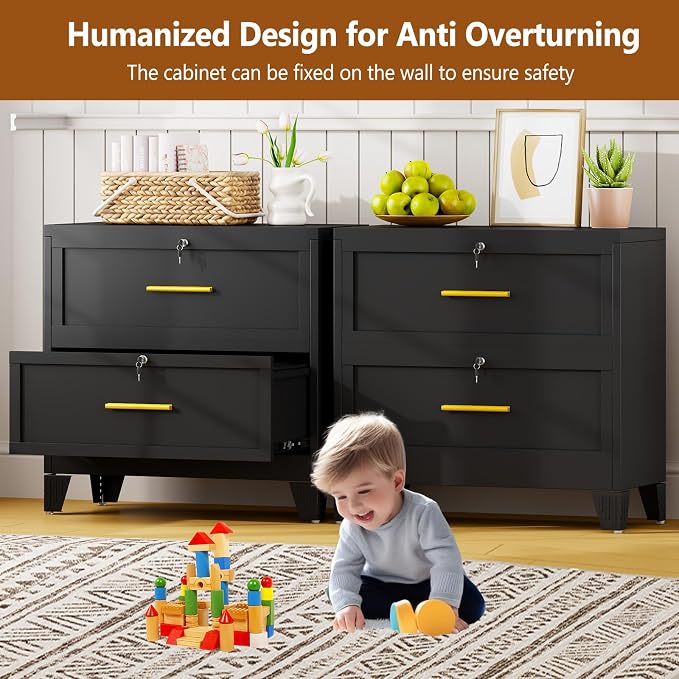 Metal Lateral File Cabinet with Lock,2 Drawer Steel Wide Filing Organization Storage Cabinets for Legal/Letter/A4/F4 Size with Hanging Files&Key,Lockable Printer Stand for Home Office, Black