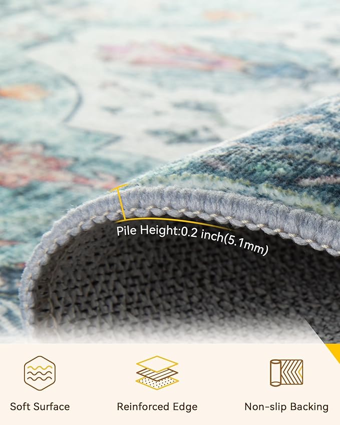 RELEANY Area Rugs 8'x10' Washable Non-Slip, Floral Vintage Distress Medallion Carpet for Living Room Bedroom Dining Room, Green Navy Blue White Red Teal
