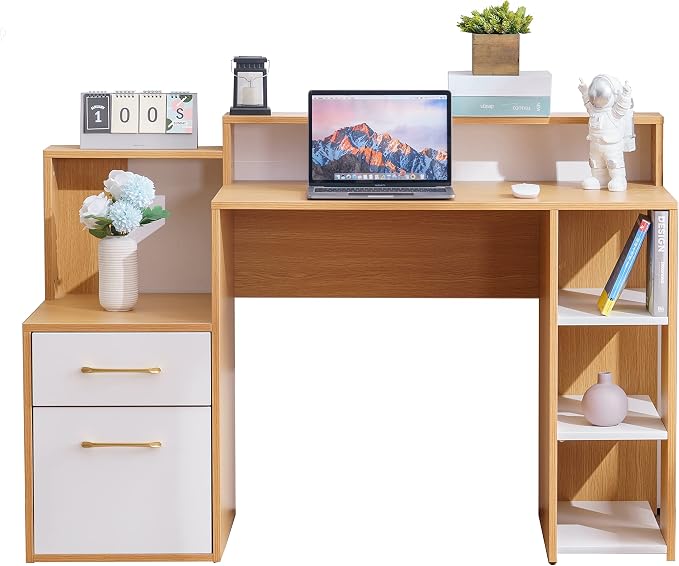 ivinta Computer Desk with Storage Shelves and Drawers, 52" Office Desk with Hutch and Storage Shelf, Modern Writing Desk Study Table for Small Spaces, Bedroom, Home Office 7116 (Oak White)