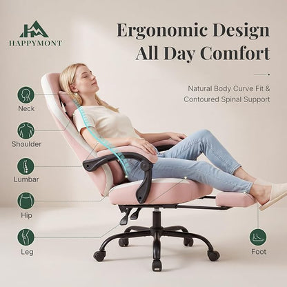 Computer Gaming Chair - High Back Ergonomic Desk Chair with Footrest and Lumbar Support, Height Adjustable Task Chair with Linkage Armrests and Headrest, 360° Swivel Wheels, Pink