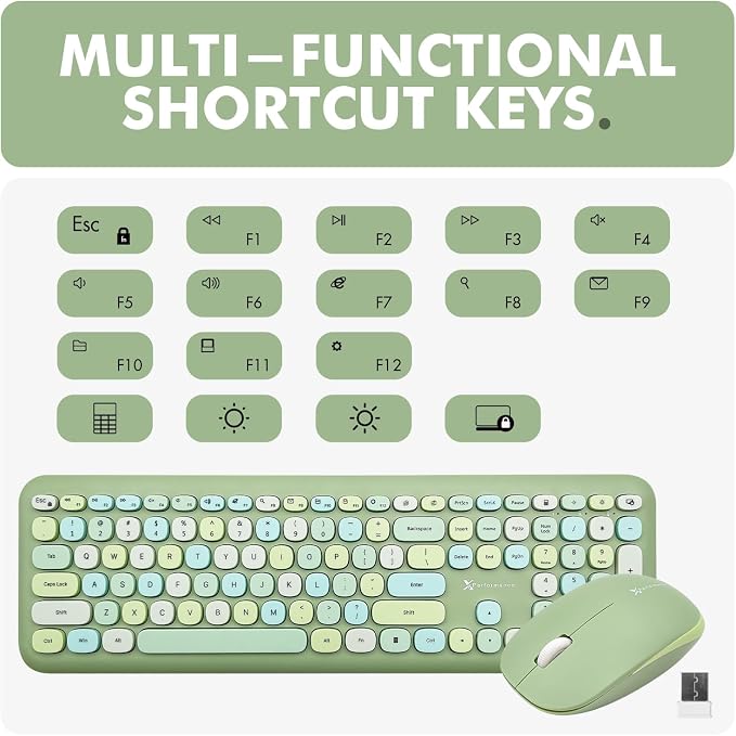 X9 Green Wireless Keyboard and Mouse Combo – 2.4G and Bluetooth Connectivity, Retro Typewriter-Style Wireless Keyboard and Mouse Set, Colorful Bubble Keyboard for Aesthetic Workspaces