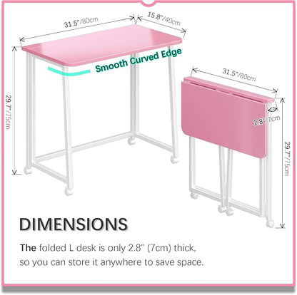 4NM 31.5" Mobile Small Folding Desk, Foldable Rolling Computer Home Office Desk, Study Writing Table for Small Space Saving Bedroom, with Wheels - Pink and White