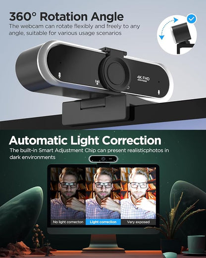 Webcam 4K with Microphone & Privacy Cover for PC/Laptop, USB Computer Camera Plug & Play with Auto Light Correction for Video Calls, Live Streaming Gaming & Online Meetings