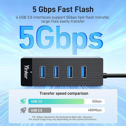 4 Port USB 3.0 Hub 5FT Long Cable, USB Extension Data Cable USB Dock Extender for Desktop PC Laptop, 5Gbps with 5V USB-C Power Supply