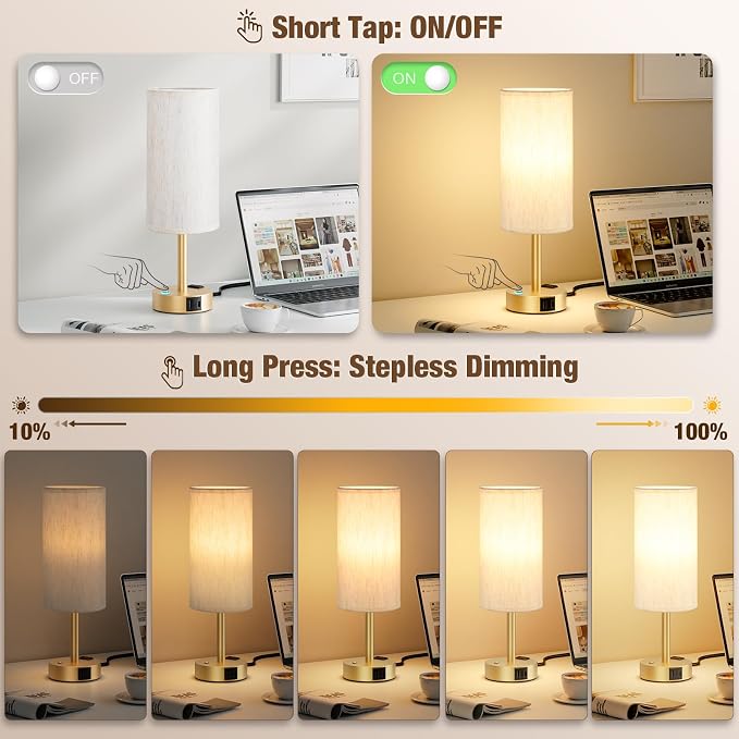 Touch Bedside Table Lamp with Memory - Stepless Dimmable Lamp for Bedroom, Small Nightstand Lamp with Dual USB Charging Ports and AC Outlet, Wood Night Light, Desk Lamp for Nursery (Cream & Gold)