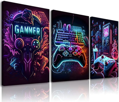 Gaming Room Decor-Video Gaming Theme Wall Art Framed,Gaming Wall Decor Video Game Poster for Boys Room Neon Gamepad Headphones Canvas Art Prints Cool Boys Bedroom Decor Wall Art,12x16inch