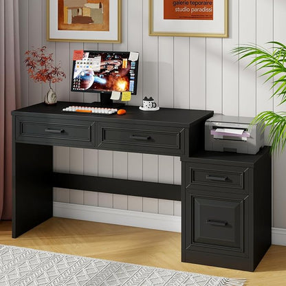 Vabches 61" Farmhouse Computer Desk with Storage and File Drawer, Executive Desks with Printer Stand, Rustic Large Home Writing Desk for Home Office.Black