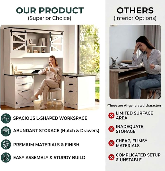 VOWNER Farmhouse L Shaped Executive Desk with Hutch and 6 Drawer, 57" Home Office Desk with Power Outlet and 2 File Drawers, Corner Computer Desk with Storage Shelves and Sliding Door for Home Office