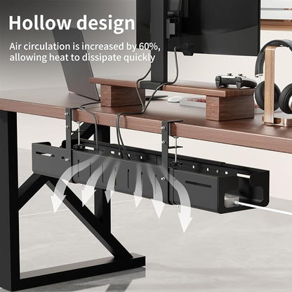 Under Desk Cable Management Tray, Expandable 25.2"–38.6", No Drill Clamp Mount, Cord Management Heavy Duty Carbon Steel Standing Cord Organizer for Home, Office, Gaming, Desk, Black
