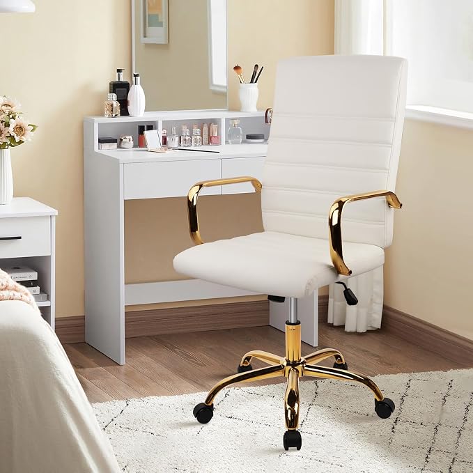 CLATINA White and Gold Office Chair, Leather Executive Computer Desk Chairs with Wheels, Ergonomic Swivel Chairs Task Stools with Arms, Height Adjustable for Home Bedroom Vanity and Living Room