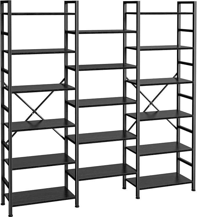 SUPERJARE Triple Bookshelf, Bookcase with 17 Open Display Shelves, Wide Book Shelf Book Case for Home & Office, 6 Tier, Black, ABC003B