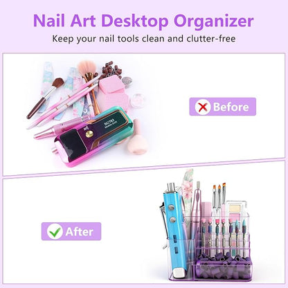Nail Drill Holder, 21 Holes Nail Drill Machine & Bits Storage Box, Acrylic Nail Drill Bit Holder Professional Nail Tools Organizer, Nail Desk Organizer for Nail Tech (Purple)