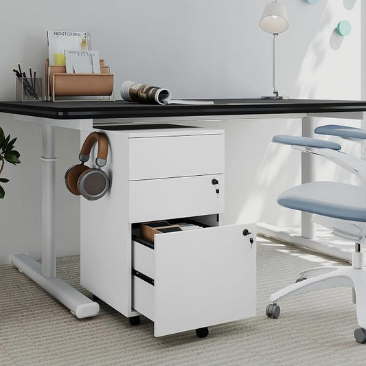 LOKO Mobile File Cabinet with 3 Drawers, Wooden Rolling Filing Cabinet with Lock, Under Desk File Organizer for A4/Letter/Legal Size, for Home Office, Study (White)