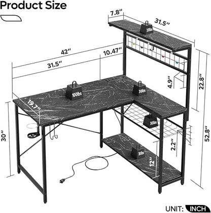 Bestier 42 L Shaped Gaming Desk, Computer Desk with Power Outlets & LED Light, Reversible Corner Desk with Shelves, Home Office Desk with Storage, Black Marble
