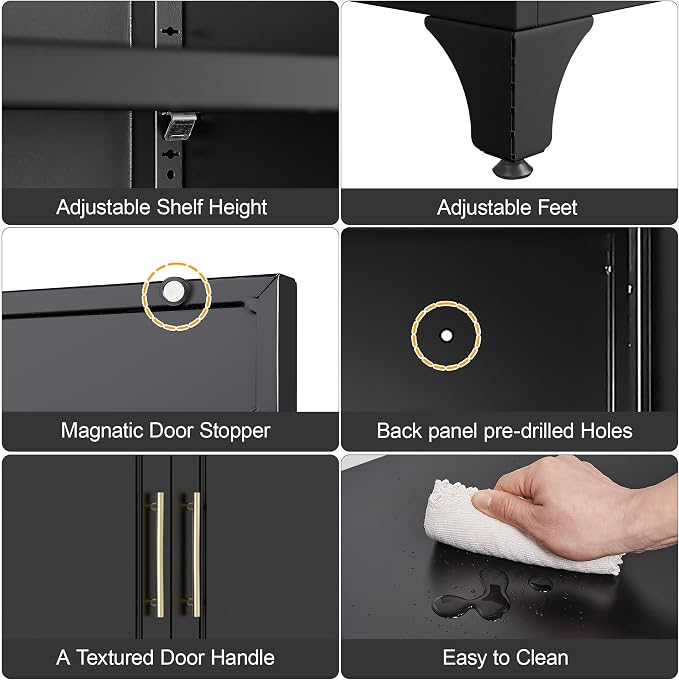 Metal Storage Cabinet with Doors, 75" Tall Kitchen Pantry Storage Cabinets, Black Pantry Cabinets with Adjustable Shelves, Home Office Cabinet, Large Cupboard, High Leveling Feet- Assembly Required