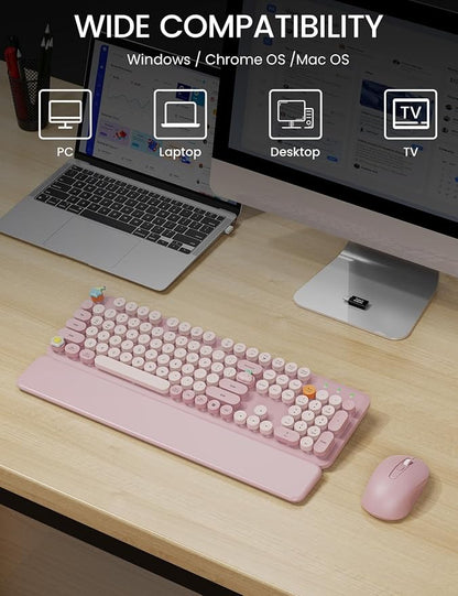 Wireless Keyboard and Mouse Combo, Typewriter Keyboard with Detachable Wrist Rest, Full-Size Retro Round Keycaps, Smart-Sleep, 2.4GHz Stable Connection for Mac/Windows/PC, Trueque(Dusty Rose)