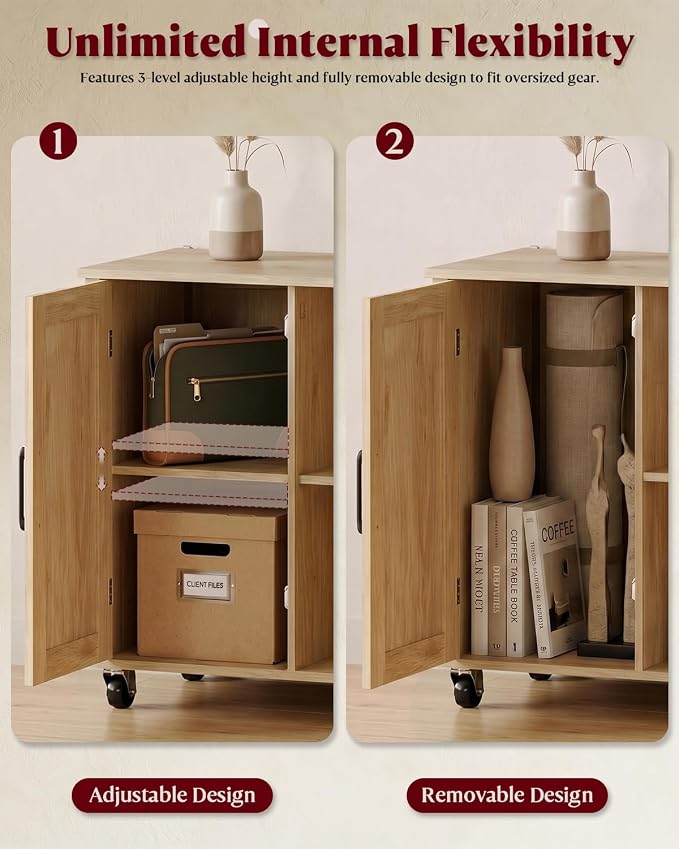HOPUBUY 2 Drawer File Cabinet with Lock, Large Rattan Filing Cabinets with Door & Open Shelves,Wide Wood Rolling Office Storage Cabinet on Wheels for Home, Natural