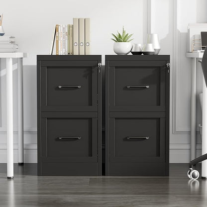 Small Metal 2-Drawer File Cabinet, Under-Desk Filing Cabinet, Black | Locking, Adjustable Hanging Rail, Fit A4, FC, Letter, Hanging File Folders for Home Office Storage Organization, 2PS