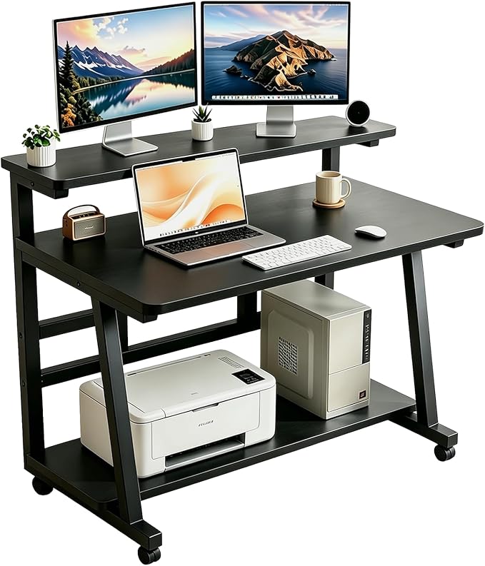 39.4 Inch Compact Rolling Computer Desk with Tier Worktable & Lockable Wheels, Small Computer Desk, Small Desk for Bedroom, Mobile Writing Workstation Easy Assembly for Home Office Small Spaces
