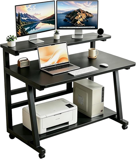 39.4 Inch Compact Rolling Computer Desk with Tier Worktable & Lockable Wheels, Small Computer Desk, Small Desk for Bedroom, Mobile Writing Workstation Easy Assembly for Home Office Small Spaces