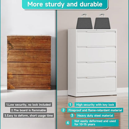 4 Drawer Lateral File Cabinet with Lock, Heavy-Duty Metal Filing Cabinet for Home Office, Steel Storage Compatible with Hanging Files Letter/Legal/F4/A4 Sizes (4 Drawer, White)