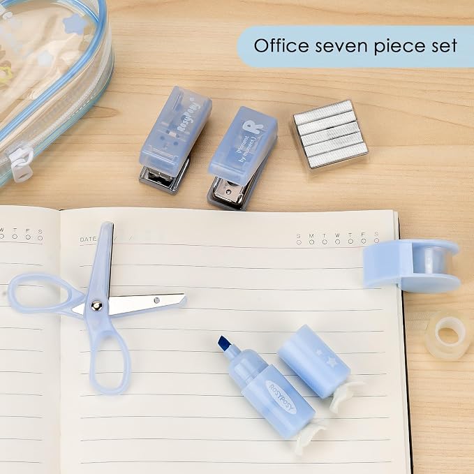 7-Piece Office Supplies Kit Set - Portable Mini Stationery Organizer with Compact Scissors & Hole Punch for Office Work, School Supplies & Desk Accessories