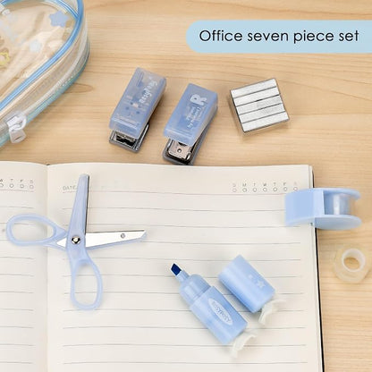 7-Piece Office Supplies Kit Set - Portable Mini Stationery Organizer with Compact Scissors & Hole Punch for Office Work, School Supplies & Desk Accessories