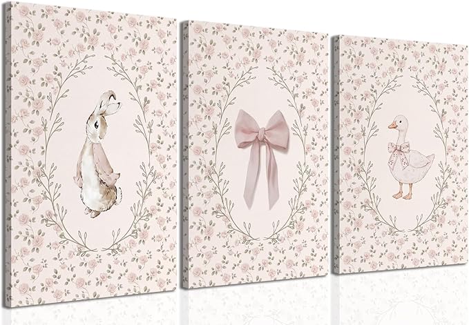 Baby Girl Nursery Wall Art Set of 3, Vintage Cottage Core Nursery Decor, Pink Bow Rabbit Goose Poster Print, Cute Floral Animal Canvas Pictures for Girls Room Kids Bedroom Framed 16x24 Inch