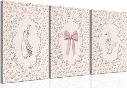 Baby Girl Nursery Wall Art Set of 3, Vintage Cottage Core Nursery Decor, Pink Bow Rabbit Goose Poster Print, Cute Floral Animal Canvas Pictures for Girls Room Kids Bedroom Framed 16x24 Inch