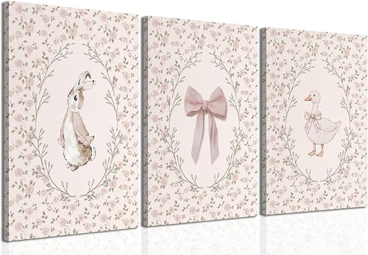 Baby Girl Nursery Wall Art Set of 3, Vintage Cottage Core Nursery Decor, Pink Bow Rabbit Goose Poster Print, Cute Floral Animal Canvas Pictures for Girls Room Kids Bedroom Framed 16x24 Inch