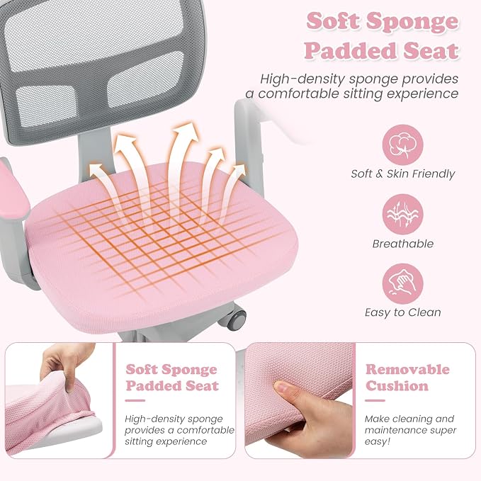 Giantex Kids Desk Chair, Ergonomic Adjustable Student Rolling Chair with Footrest & Flip-up Armrest, Mesh Children Office Chair with Universal Wheels, Kids Computer Chair for Boys & Girls, Pink