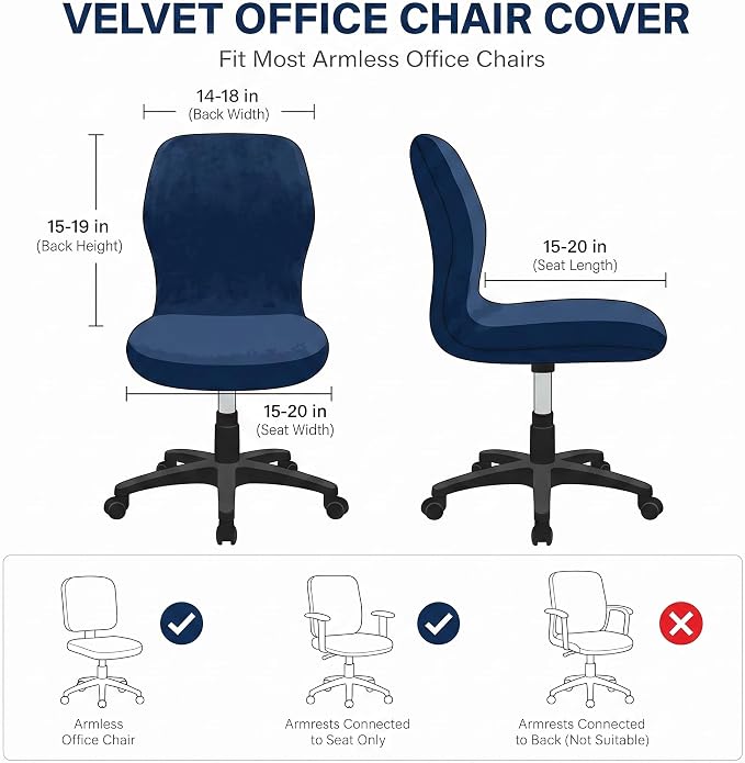 Deisy Dee Velvet Stretch Armless Office Chair Covers - Colorful Stretch Slipcover for Desk Chairs (Navy)