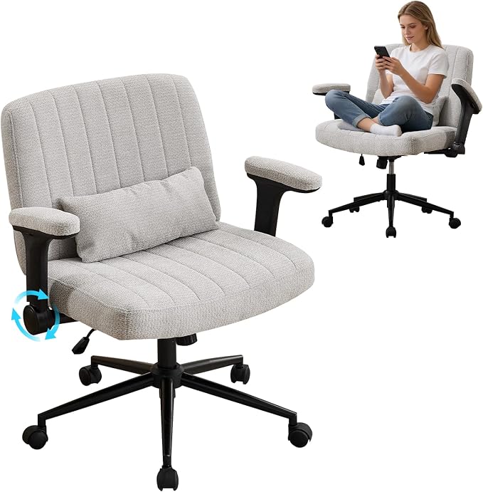 IPKIG Criss Cross Chair with Adjustable Flip-up Arms, Vanity Chair with Wheels, Comfy Desk Chair with Lumbar Pillow Swivel Wide Office Chair for Home Office, Bedroom, Chenille, Light Grey
