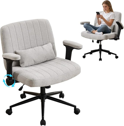 IPKIG Criss Cross Chair with Adjustable Flip-up Arms, Vanity Chair with Wheels, Comfy Desk Chair with Lumbar Pillow Swivel Wide Office Chair for Home Office, Bedroom, Chenille, Light Grey