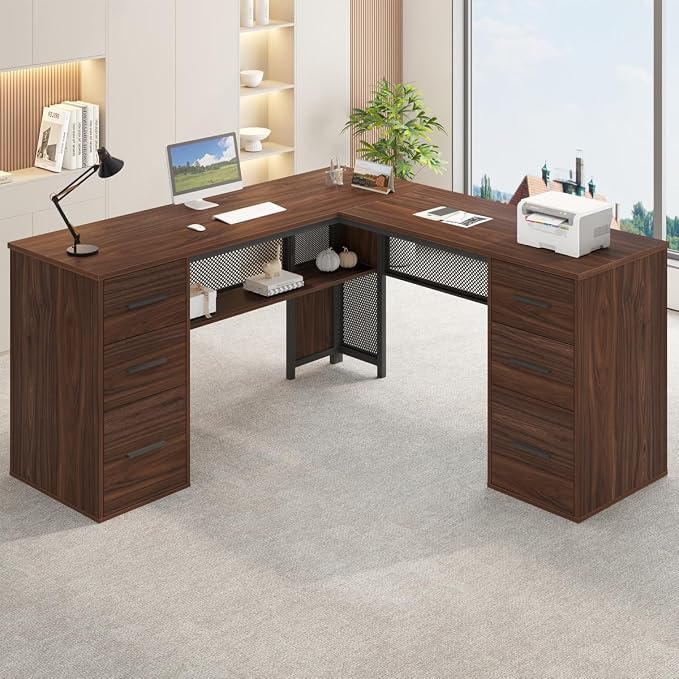 HSH Large L Shaped Executive Desk with Drawers, Home Office Metal Wood Computer Desk for Work Writing Study Gaming, Rustic L-Shaped Walnut Desk Table with File Drawer, Storage Cabinet Shelves, 59 in