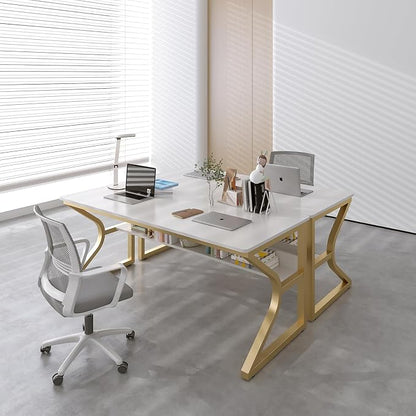 OSCHF Double Long Desk with Bookshelf - 55" Extra Long Writing Table for 2-Person Workstation, Modern Study Work Computer Desk for Home and Office, Gold