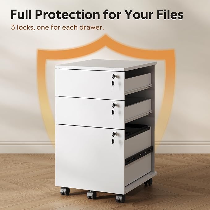 DEVAISE 3 Drawer Mobile File Cabinet with Individual Locks, Wood Filing Cabinet for Office, Under Desk Printer Stand with Wheels, Fits Letter/A4/Legal Size, White