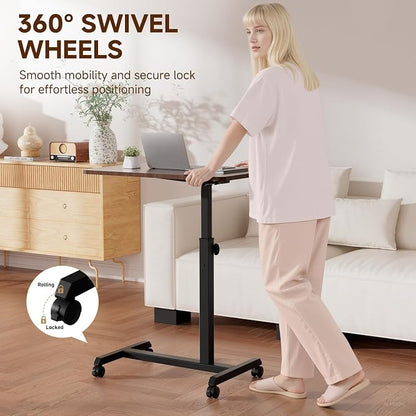 GTPLAYER Small Standing Desk, 24 Inches Foldable Mobile Rolling Laptop PC Table with Lockable Casters, Adjustable Height Overbed Bedside Table Computer Workstation for Home Office, Walnut-Foldable