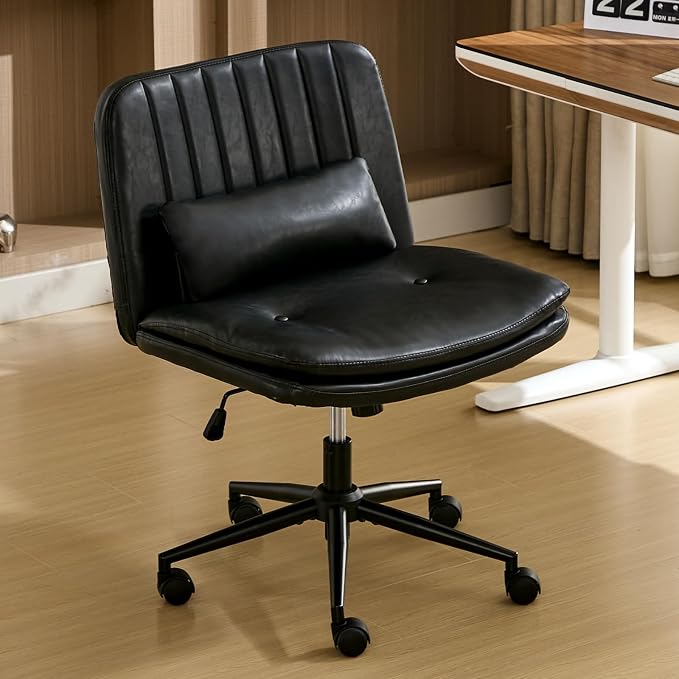 IPKIG Criss Cross Chair, Small Armless Desk Office Computer Chair with Wheels and Lumbar Pillow, Comfy Adjustable Swivel Task Vanity Chair, PU Leather, Glossy Black