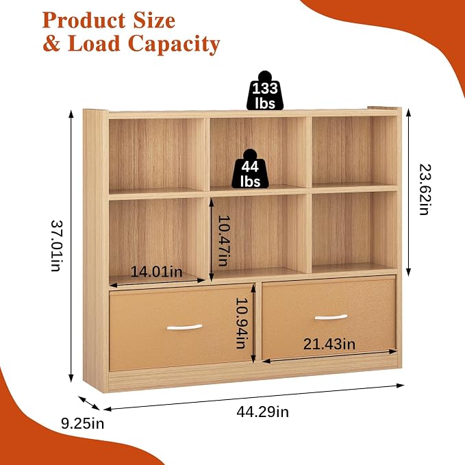 Adompacat Cube Bookshelf Storage Organizer Bookcase,8 Cube Open Mid-Centur Shelf,Freestanding Display Bookshelve, Modern Wide Toy Shelf with Drawers for Bedroom Living Room Office (Natural)