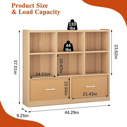 Adompacat Cube Bookshelf Storage Organizer Bookcase,8 Cube Open Mid-Centur Shelf,Freestanding Display Bookshelve, Modern Wide Toy Shelf with Drawers for Bedroom Living Room Office (Natural)