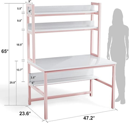 Aquzee Pink Girls Desk Hutch, 47in Woman Computer Desk with Bookshelf & Storage Shelves, Space Saving Girls Writing Study Craft Table for Bedroom Kids Room, White Wood & Pink Iron Home Office Desks