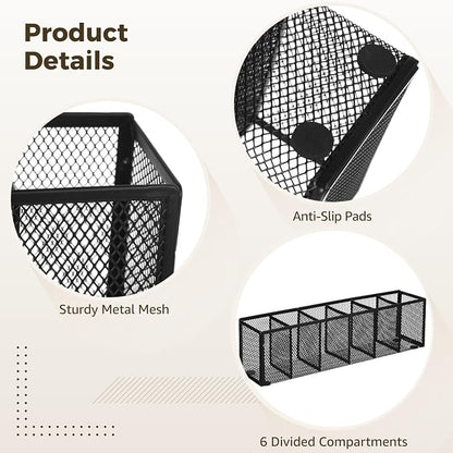 2 Pcs Metal Mesh Pen Holder, 6 Compartments Pencil Caddy, Large Capacity Desk Organizer with Anti-Slip Pads, Desktop Stationery Storage Box for Home, Office