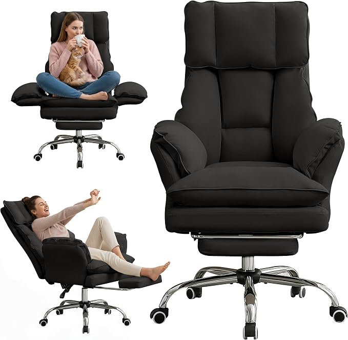 Cloud Cross Legged Office Chair with Footrest,Leather Big and Tall Executive Ergonomic Chair, Flip Armrests for Pets,155° Reclining Computer Wide Desk Chair for Home,Office (Black)