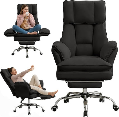 Cloud Cross Legged Office Chair with Footrest,Leather Big and Tall Executive Ergonomic Chair, Flip Armrests for Pets,155° Reclining Computer Wide Desk Chair for Home,Office (Black)
