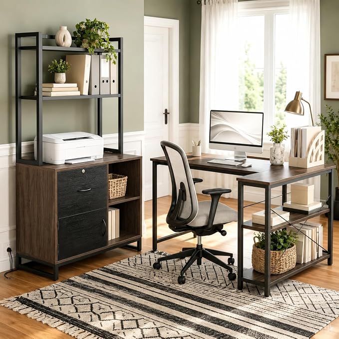 Homieasy Vertical Filing Cabinet with Lock & Charging Station, Large Drawer Wood File Cabinet with Bookshelf, Printer Stand with Open Storage Shelf, fits Letter Size for Home Office, Black and Walnut