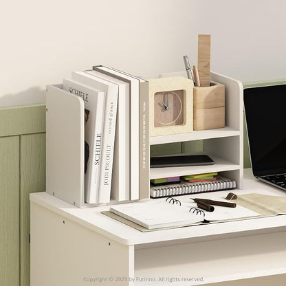 Furinno HERMITE Desk Organizers, Office Organization with Accessories and Vertical File Holder, Desktop Book Shelf, for Office Supplies, Desk Accessories, for Study Room, Dorm, White