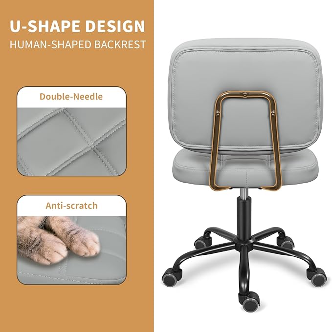 ERGOSEAT Armless Office Chair with Wheels, Small Desk Drafting Chair for Small Space, PU Leather Computer Task Chair, Height Adjustable Rolling Chair, Compact Chair for Home Office, Dorm, Light Grey