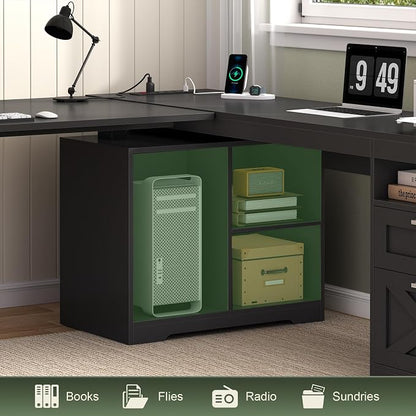 YOMILUVE Farmhouse L Shaped Standing Desk, 66 inch Corner Electric Standing Desk with Drawers ＆ Storage Shelves, Height Adjustable Computer Desk with Power Outlets for Home Office (Black)